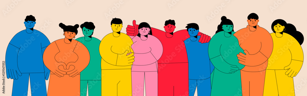 A group of colorful abstract people. Friends, girls and guys pose together. Embracing couples in love. Doodle characters of diverse young men, women. The concept of friendship, cooperation, teamwork A group of colorful abstract people. Friends, girls and guys pose together. Embracing couples in love. Doodle characters of diverse young men, women. The concept of friendship, cooperation, teamwork