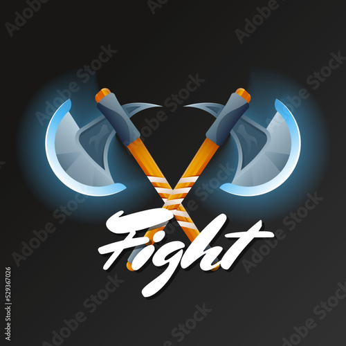Fight game element with crossed hatchets. Shiny medieval weapon for computer game design. Confrontation versus sign, fight opposition concept, epic battle competition vector illustration.
