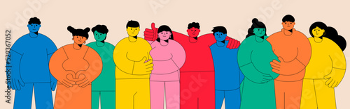A group of colorful abstract people. Friends, girls and guys pose together. Embracing couples in love. Doodle characters of diverse young men, women. The concept of friendship, cooperation, teamwork