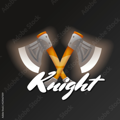 Knight game element with crossed tomahawks. Shiny medieval weapon for computer game design. Confrontation versus sign, fight opposition concept, epic battle competition vector illustration.