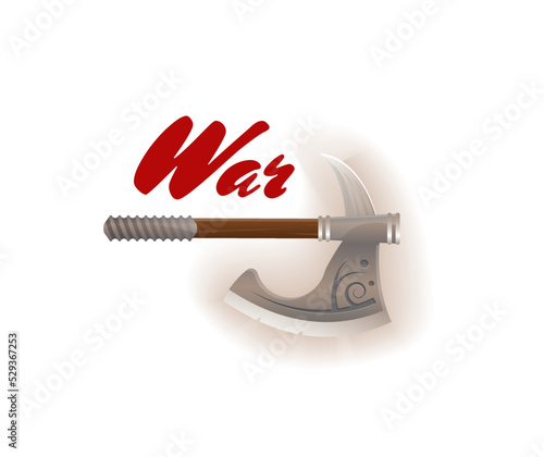 War game element with viking axe. Shiny medieval weapon for computer game design. Confrontation versus sign, fight opposition concept, epic battle competition vector illustration.