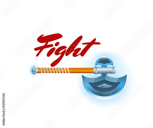 Viking fight game element with hatchet. Shiny medieval weapon for computer game design. Confrontation versus sign, fight opposition concept, epic battle competition vector illustration.