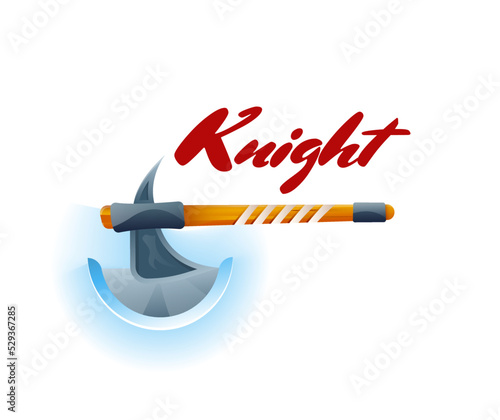 Knight fight game element with ax. Shiny medieval weapon for computer game design. Confrontation versus sign, fight opposition concept, epic battle competition vector illustration.