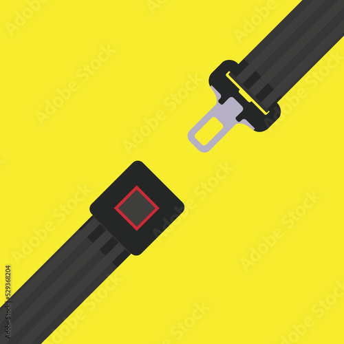 Unblocked passenger, driver seat belt with fastener and black strap on yellow background