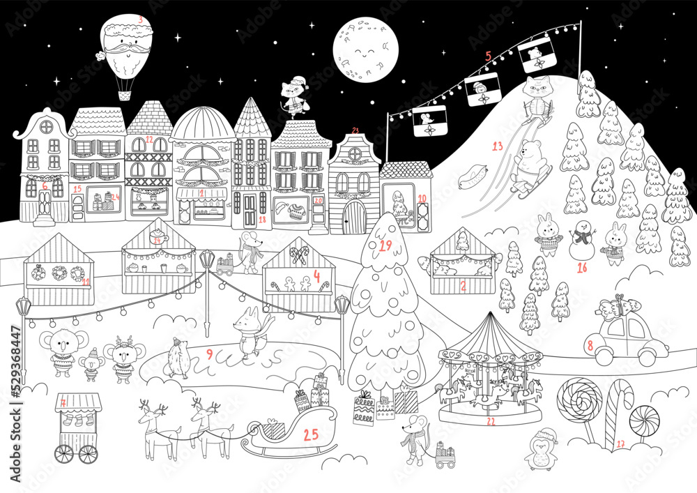 Christmas city coloring page advent calendar. Christmas Fair on Town Square, street markets and cute animals. Coloring book for children and adults
