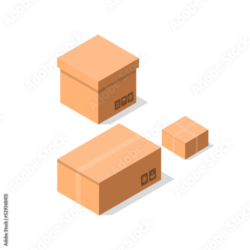 Empty brown cardboard boxes icon set. Delivery tare, goods package collection vector illustration isolated on white background in flat style.