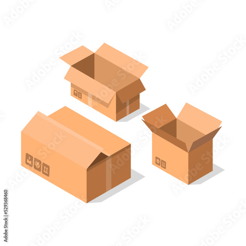 Empty opened cardboard boxes icon set. Delivery tare, goods package collection vector illustration isolated on white background in flat style.