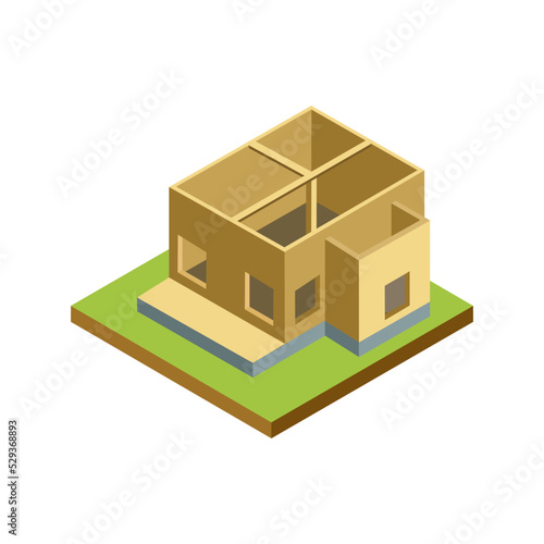 House framework isometric 3D icon. Architectural engineering, construction stages of countryside house vector illustration.