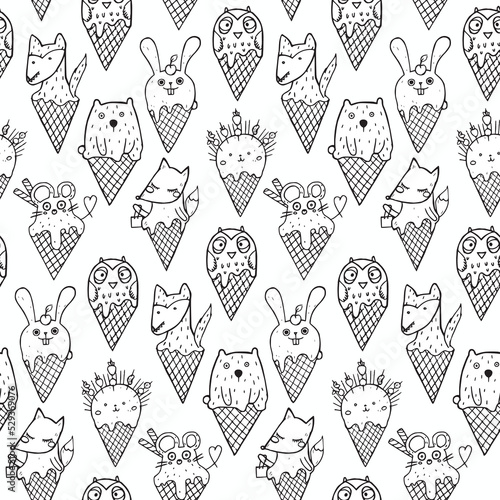 Vector seamless pattern with funny animals in ice cream coness in children s primitive style. Hand drawn vector endless background