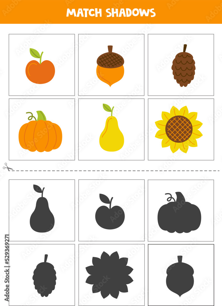 Find shadows of autumn elements. Cards for kids.