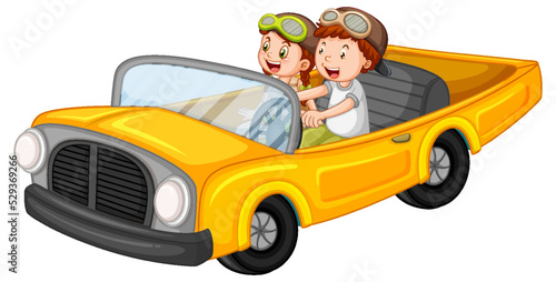 Kids in vintage car in cartoon design
