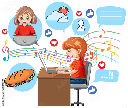 Cute girl browsing social media on laptop