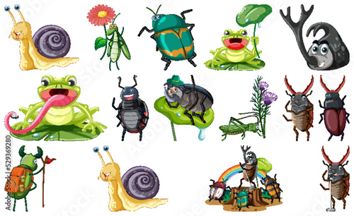 Set of various insects and amphibians cartoon