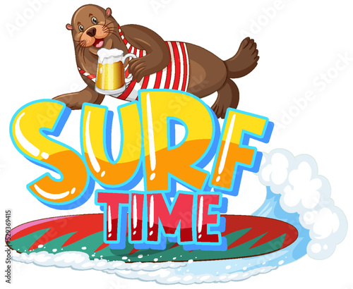 Sea lion cartoon character with surf time word