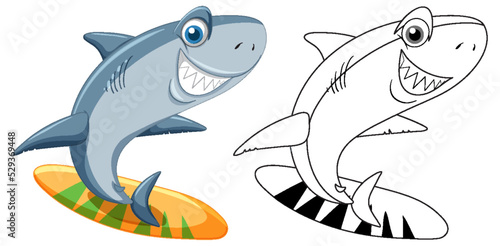 Shark cartoon character with its doodle outline surfing