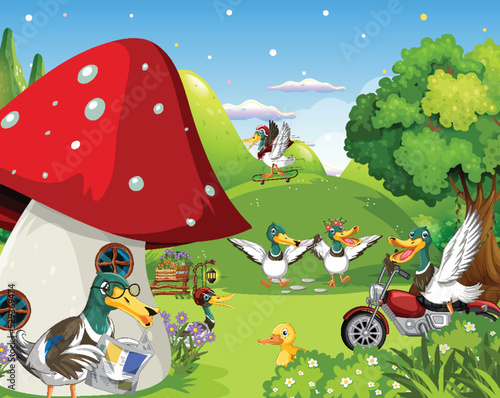 Outdoor scene with cartoon ducks