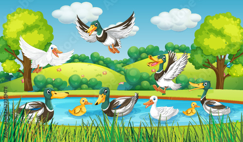 Outdoor scene with cartoon ducks