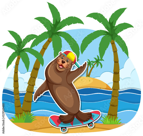 Sea lion cartoon character at the beach