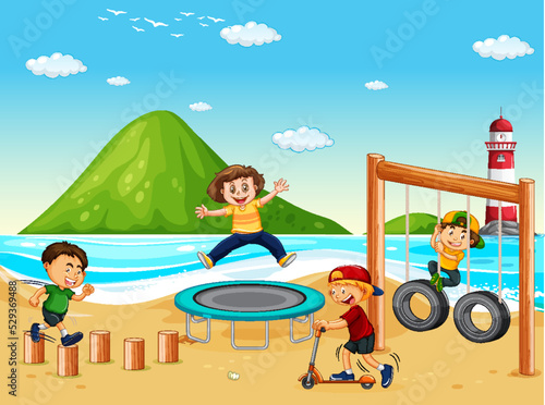 Beach playground with happy children