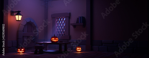 Magical Halloween Illustration with Moonlit Table, Candles and Pumpkin Lanterns. Halloween banner with copy-space. photo