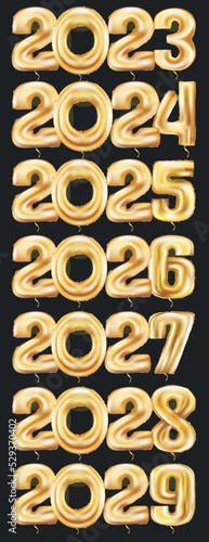  2023 symbol golden metallic 3d-illustration, Happy new 2023 year Elegant gold text with light. 2024, 2025, 2026, 2027, 2028, 2029.