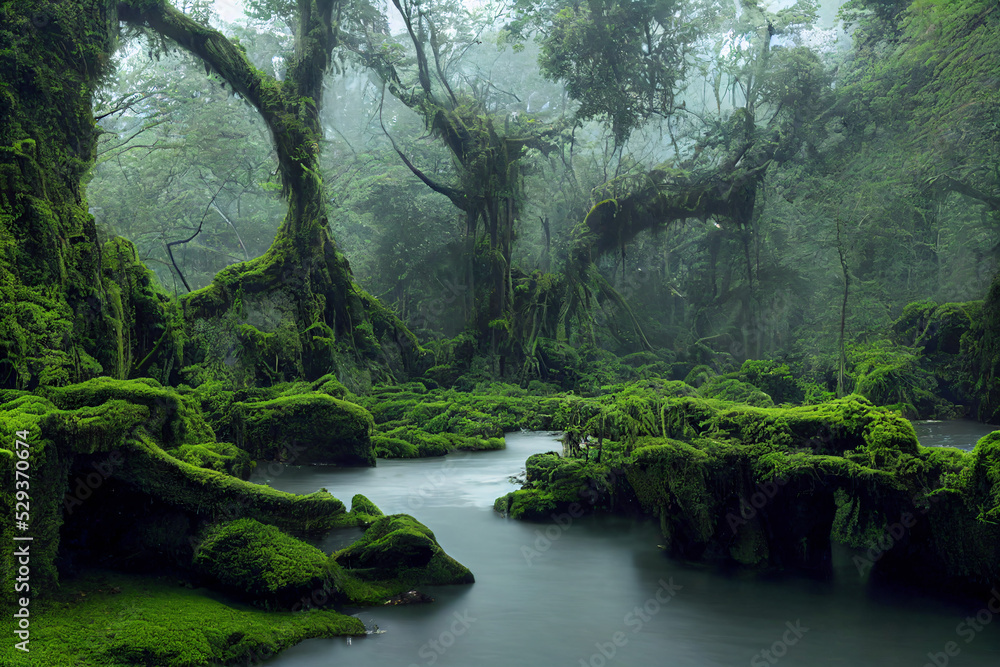 amazon rainforest, tropical vegetation with old trees, jungle landscape