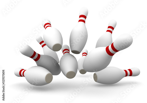 Photographie ten bowling skittles pins crashing,  3D illustration