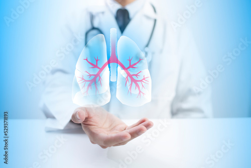Pulmonologist doctor showing off virtual screen of lung medical issue. Healthcare medical technology concept.