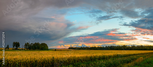 Beautiful clouds in sunset sky over the farm fields