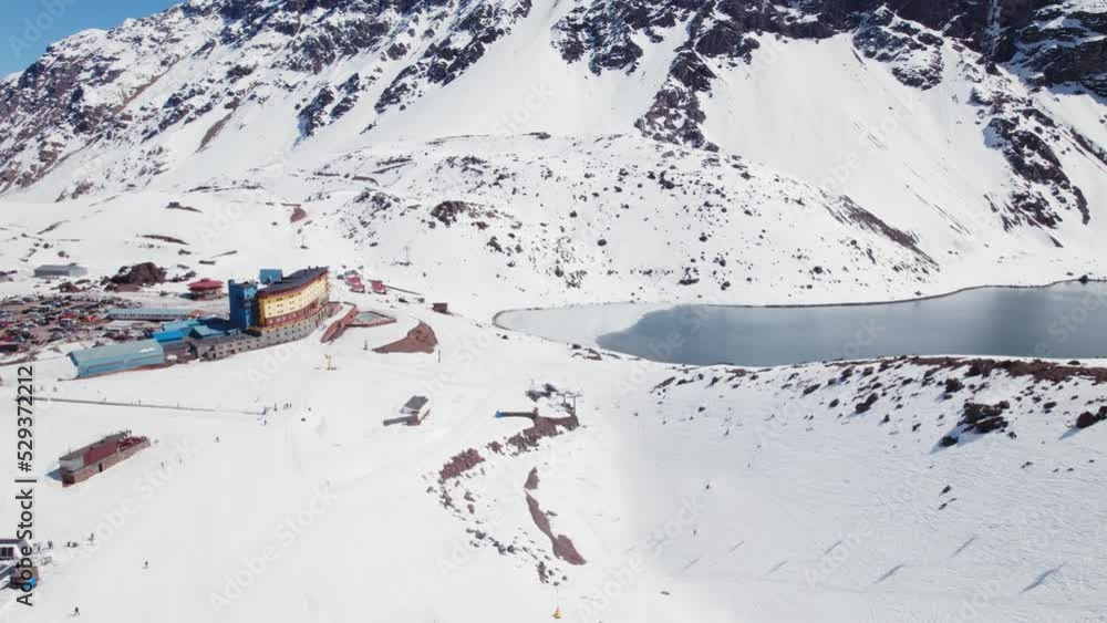 Snowscape Chilean Andes Mountains In Ski Portillo Chile In Las Condes. Aerial Wide Shot Snowscape Chilean Andes Mountains In Ski Portillo Chile In Las Condes. Aerial Wide Shot