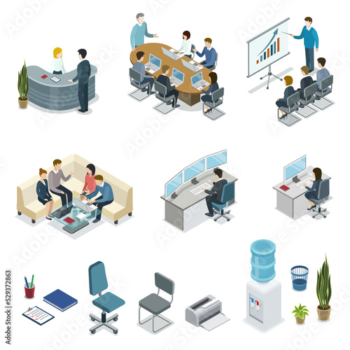 Corporate office life isometric 3D set. Teamwork and idea generation, business presentation with diagrams, company reception stand, manager in office, business meeting with clients vector illustration