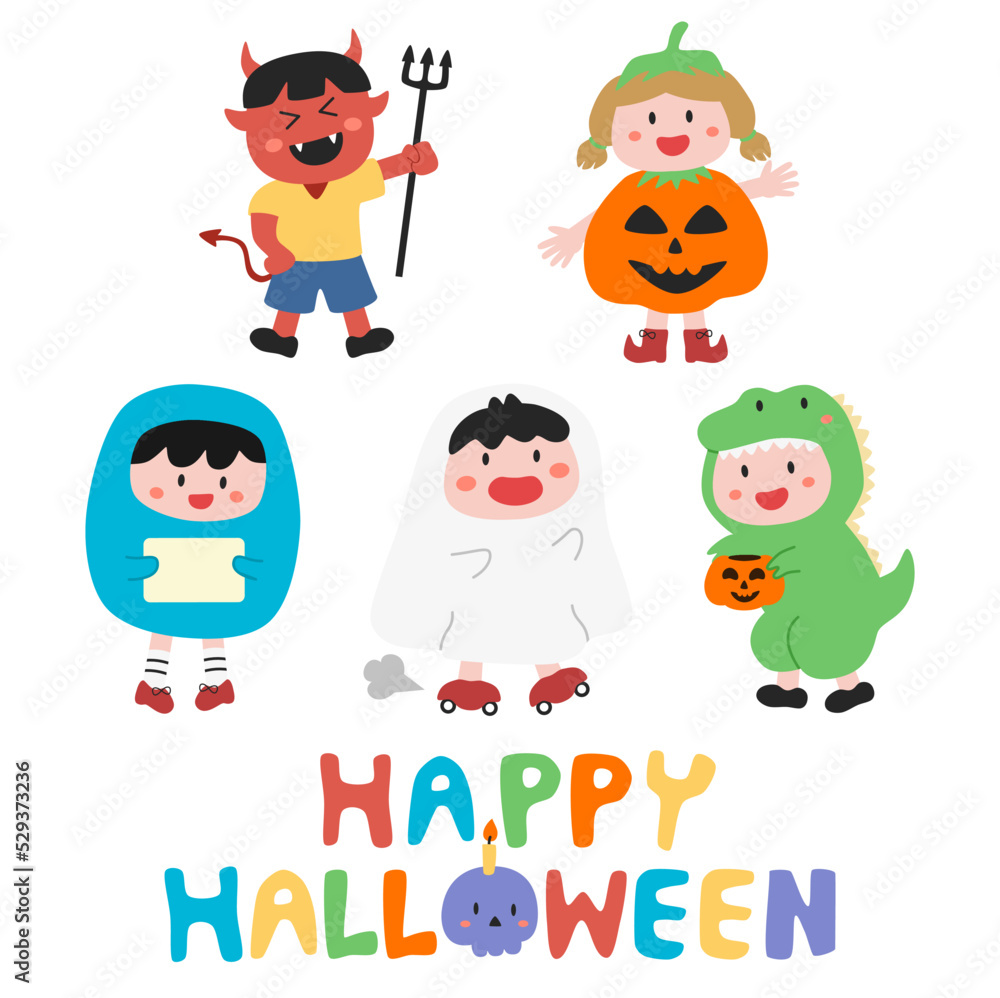 Cartoon kids character in Halloween costumes. Trick or Treat. Vector illustration.