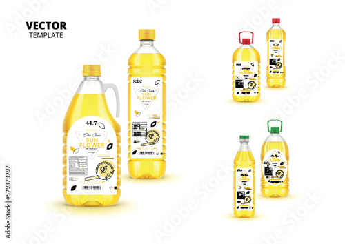 Natural extra virgin sunflower oil realistic plastic bottles with labels isolated on white background. Layout of food identity branding, modern packaging design. Organic product vector illustration