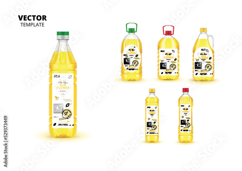 Realistic extra virgin sunflower oil plastic bottles with labels. Layout of food identity branding, modern packaging design. Traditional healthy product, organic vegan nutrition vector illustration