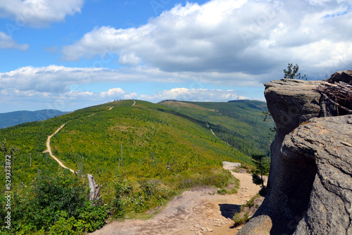 Malinowska Rock (polish: Malinowksa Skala) with view at Skrzyczne and Small Skrzyczne summits. Beskids mountains, Poland