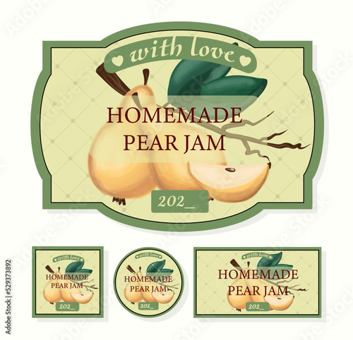 Label for homemade jam. pear jam packing. vector pear.