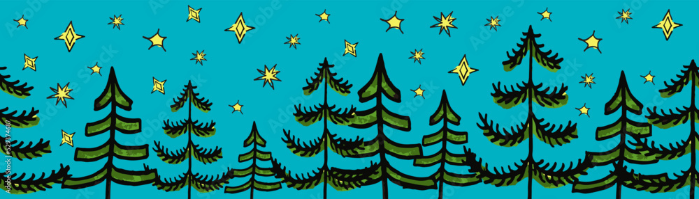 Obraz premium Christmas green trees vector border. Seamless pattern hand drawn doodle trees green, night and stars. Decorative Winter holiday sketch