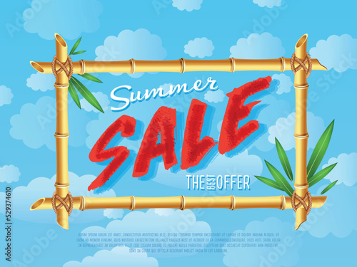 Summer sale poster in cartoon style. Discount proposition in bamboo frame on background of blue sky. Best offer advertisement for retail, seasonal shopping promotion vector illustration.