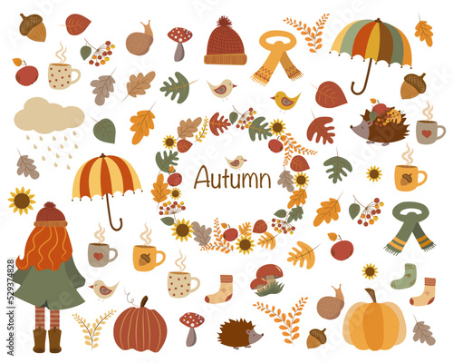 Cozy autumn set with isolated pictures