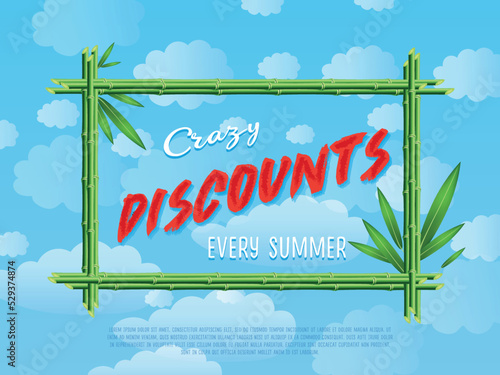 Crazy discounts every summer poster. Summer proposition in bamboo frame on background of blue sky. Best offer advertisement for retail, seasonal shopping, sale promotion vector illustration.