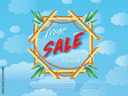 Mega discount for summer vacation poster. Best offer advertisement for retail, seasonal shopping, sale promotion vector illustration. Summer proposition in bamboo frame on background of blue sky.