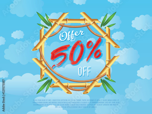 Discount 50% off sale poster in cartoon style. Offer advertisement for retail, seasonal shopping promotion vector illustration. Summer proposition in bamboo frame on background of blue sky.