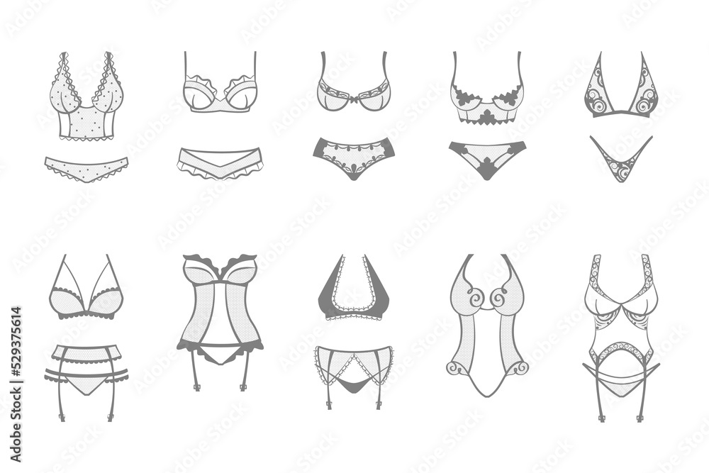 lingerie. female bra and bikini fashiioned lingerie collection. Vector cartoon illustration