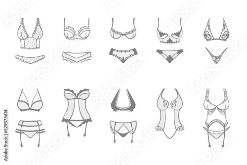 lingerie. female bra and bikini fashiioned lingerie collection. Vector cartoon illustration