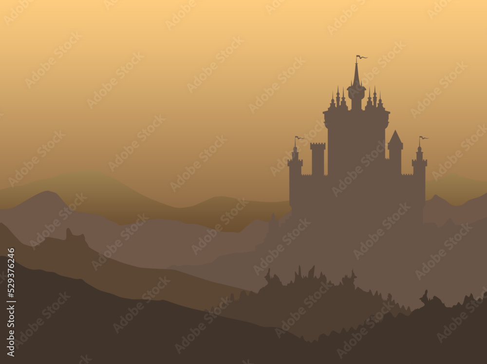 Castle on the top of mountain with forest under the fog clouds 
