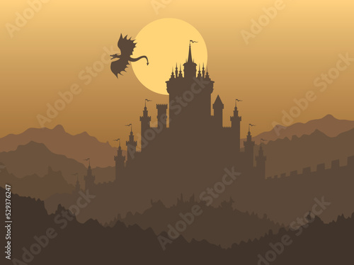Castle on the top of mountain with forest under the fog clouds and dragon flying in the sky near the fortress
