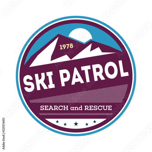 Professional ski patrol isolated label. Hiking and climbing badge, adventure outdoor emblem, expedition help vintage vector illustration