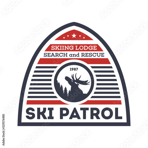 Ski patrol isolated label. Search and rescue badge, adventure outdoor emblem, expedition help vintage vector illustration