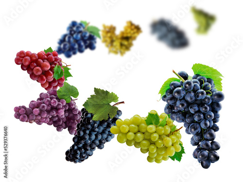 Grape levitate on a white background, healthy diet. Fresh fruits and vegetables.