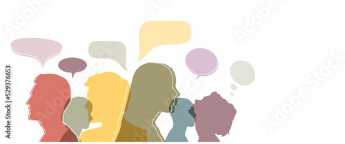 Man and woman head silhouettes with colorful speech bubbles
